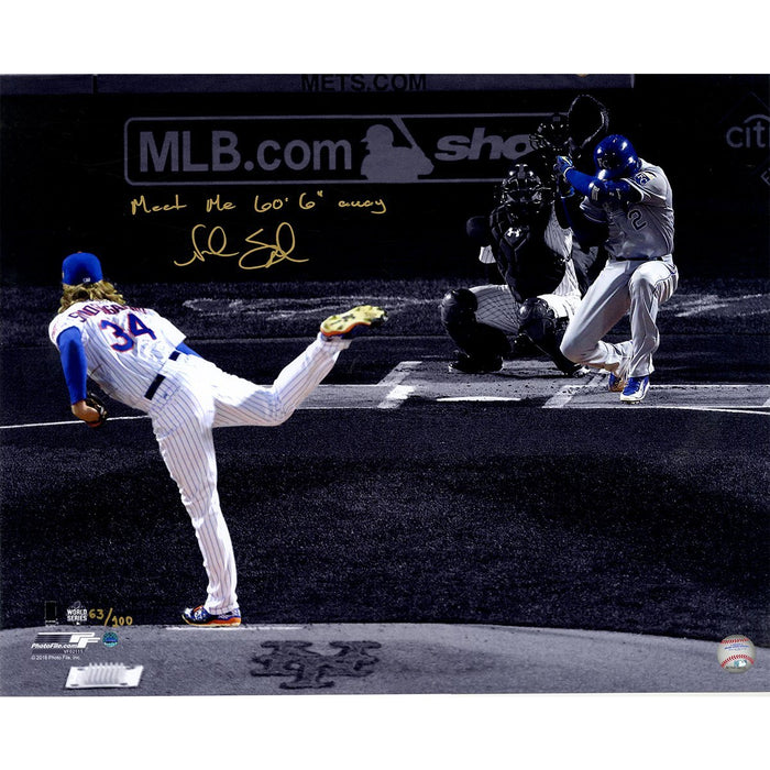 Noah Syndergaard Signed 2015 World Series Game 3 1st Pitch 16x20 Spotlight Photo w/ "Meet Me 60' 6" Away" Insc (Signed in Gold)(LE of 100)