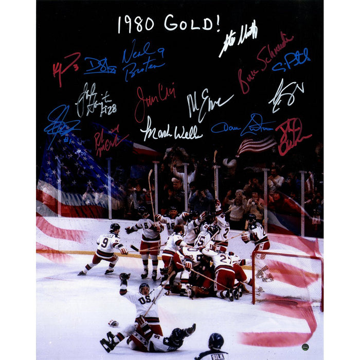 1980 USA Men's Hockey Team Signed 16x20 Blacked Out Photo w/ "1980 Gold" Inscription by Mark Wells (15 Signatures- Signed in Red/White/Blue)