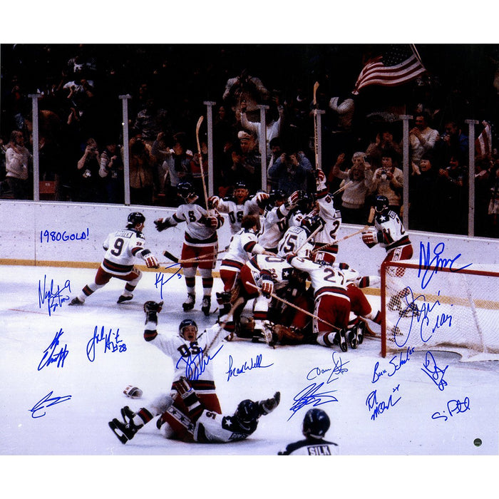 1980 USA Men's Hockey Team Signed 20x24 Photo w/ "1980 Gold" Inscription by Mark Wells (15 Signatures)