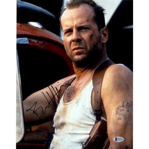 Bruce Willis Signed Vertical 11x14 Die Hard Photo pose with gun holster Beckett